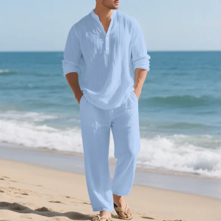 Linen%20Autumn%20New%20Men's%20Suit%20Beach%20Style%20Loose%20Casual%20Breathable%20V-Long%20Sleeve%20Henley%20Shirt%20with%20Straight-Leg%20Pants%202%20Set%20-%20Image%205