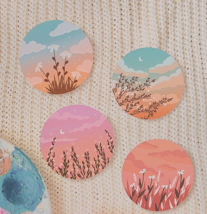 Set of 4 round canvas paintings aesthetic paintings for wall decor