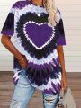 plus size tie-dye heart-print T-shirt casual short-sleeved knitted top round neck, spring and summer series, large size shirt.