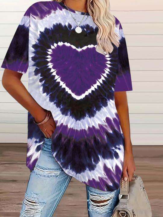 plus size tie-dye heart-print T-shirt casual short-sleeved knitted top round neck, spring and summer series, large size shirt