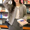 2024 Vintage Long Sleeve Cardigan Women Sweater O-neck Elegant Knitted Top Fashion Autumn Grey Knitwear. 