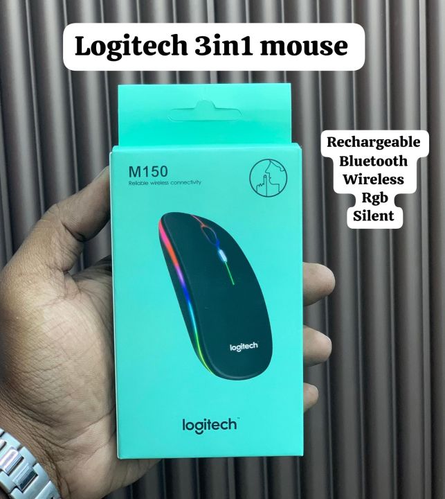 Logitech M150 3-in-1 Wireless Mouse – Bluetooth + 2.4GHz + USB – Rechargeable RGB Silent Mouse for Laptop/PC