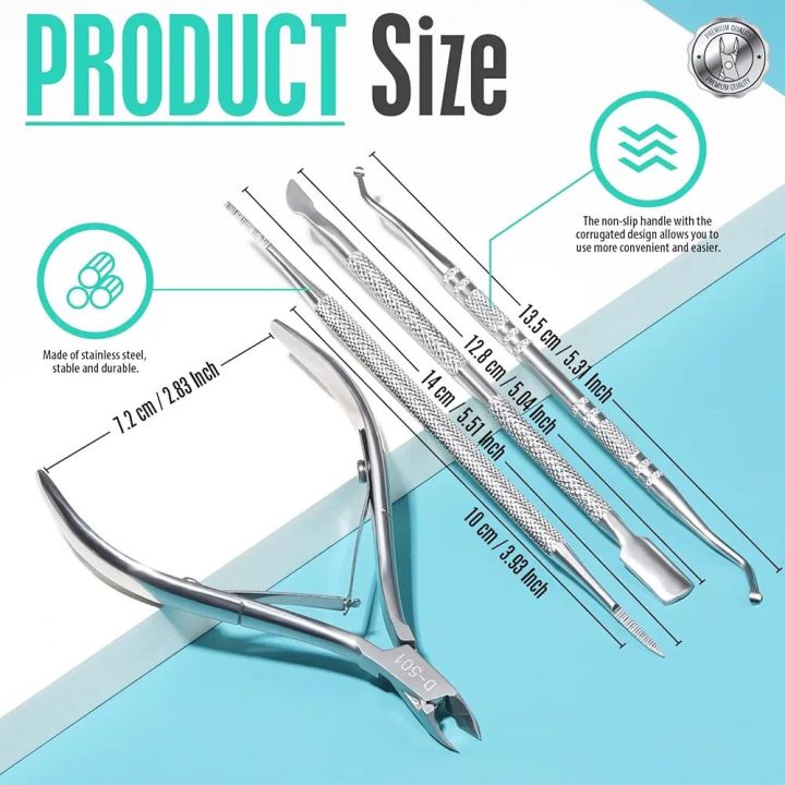 4Pcs Cuticle Nippers and Cutter Kit, Ingrown Toenail File, Triangle Nail Polish Remover Cuticle Pusher Trimmer Stainless Steel Manicure Tools Set for Fingernails and Toenails