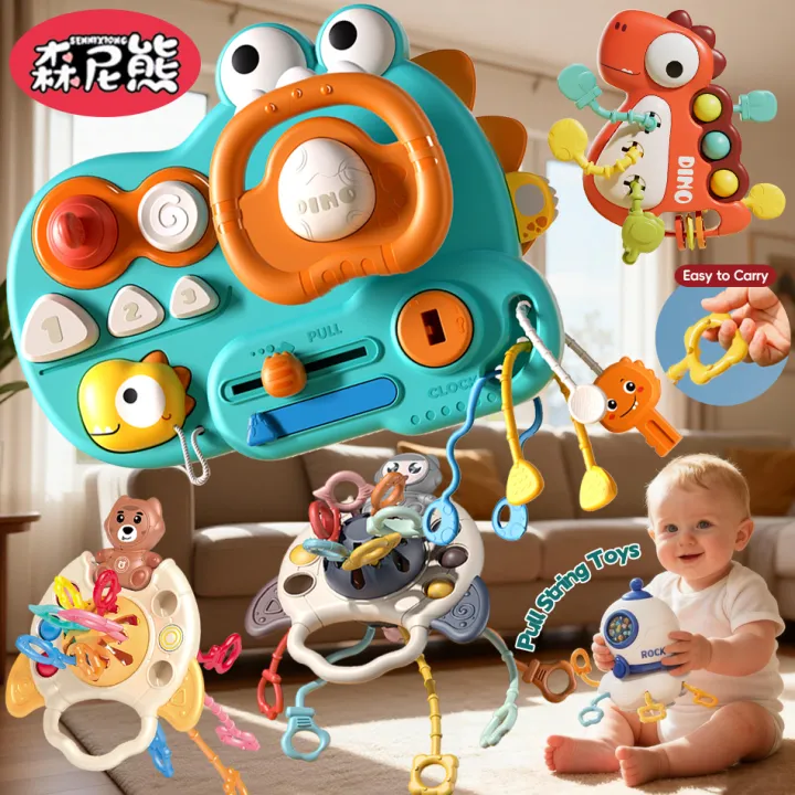 SENNIXIONG Baby Teething Pull String Cute Bear Dinosaur Infant Sensory ...