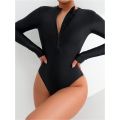 2025 Summer Women Solid Color Long Sleeve Conservative One Piece Swimsuit Chest Front Zipper Black Swimwear Beach Surf Outfit. 