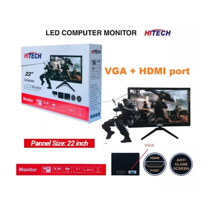 Hitech 22" Led Monitor With VGA & HDMI Supported  HiTech 22 Inch FHD Monitor