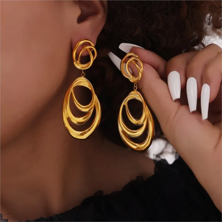 Stainless%20Steel%20Hanging%20Earrings%20For%20Women%20Gold%20Plated%20Non-Fading%20Women's%20Big%20Large%20Dangle%20Earring%20Girls%20Silver%20Color%20Ear%20Rings%20-%20Image%202