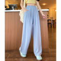 Summer Women Sweet Colorful Ice Silk Pants Lady Baggy Versatile Elastic Straight Leg Trousers Female Wide Leg High Waisted Pants.