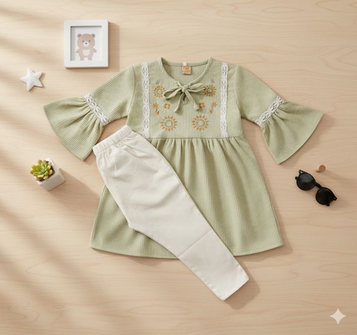 ​HTH Apparels Baby Girl 2-Piece Frock & Trouser Set | Kids Frock with Pants | Stylish Party & Casual Wear for 2-3 Years | Summer & Winter Outfit for Girls