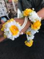 artificial flowers jewellery bridal for event haldi mehendi 2 gajray mayyu 2 earrings 2 rings 1 teeka marigold genda babybreaths artificial imported quality flowers. 