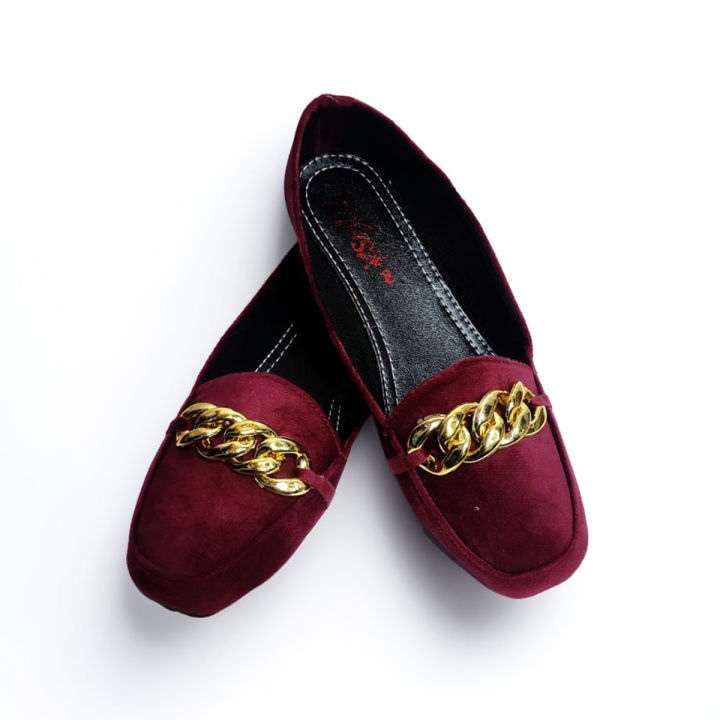 Maroon Velvet Chain Loafers Trendy Women's Fashion Footwear with Elegant Design