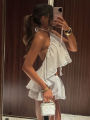Weird Puss Ruched Elegant 2 Piece Set Woman Tierred Design Halter Backless Irregular Tops+Mini Shorts Beach Party Style Suits. 