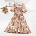 Spring Summer Chiffon Dresses Fashion Female Elastic Waist Short Sleeve Pleated Casual Dress Women A-line Dresses Vestidos. 