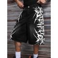 Men Black Non-Stretch Denim Jorts Summer Streetwear Print Baggy Wide Leg Knee Length Hip Hop Casual Shorts Y2K Punk Style.