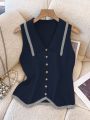 Women's French Collar Knit Sleeveless Vest Contrast Color-Block Design Slimming Regular Fit Button Casual Top for Spring Summer.