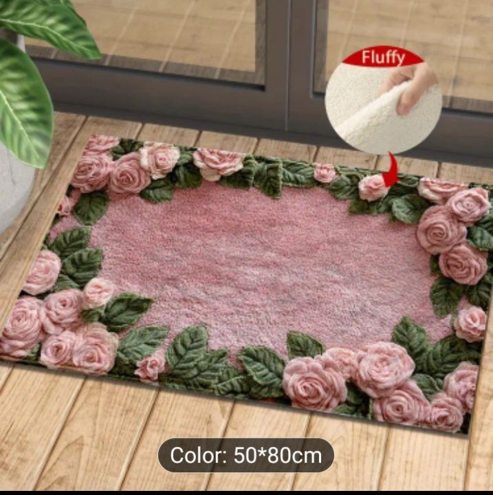 Non-Slip Door Mat - Pink Rose Design with Green Leaves, Machine Washable Polyester Entryway Mat for Kitchen, Living Room,