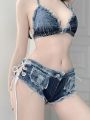 616#New American retro  low waist ultra short women's jeans, denim shorts, bar performance clothing, hot pants. 