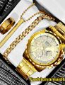 New Fashion Luxury Sun Moon Star Diamond  Men's Quartz Watch+Braclete  -Mens Steel Band Watch +Chain Braclete+3D Bar Stick Locket +Ring  -High Quality Golden In  Random Dail With Stainless steel Straps Casual Watch+Chain Braclets+Nacklace+Ring  For men. 