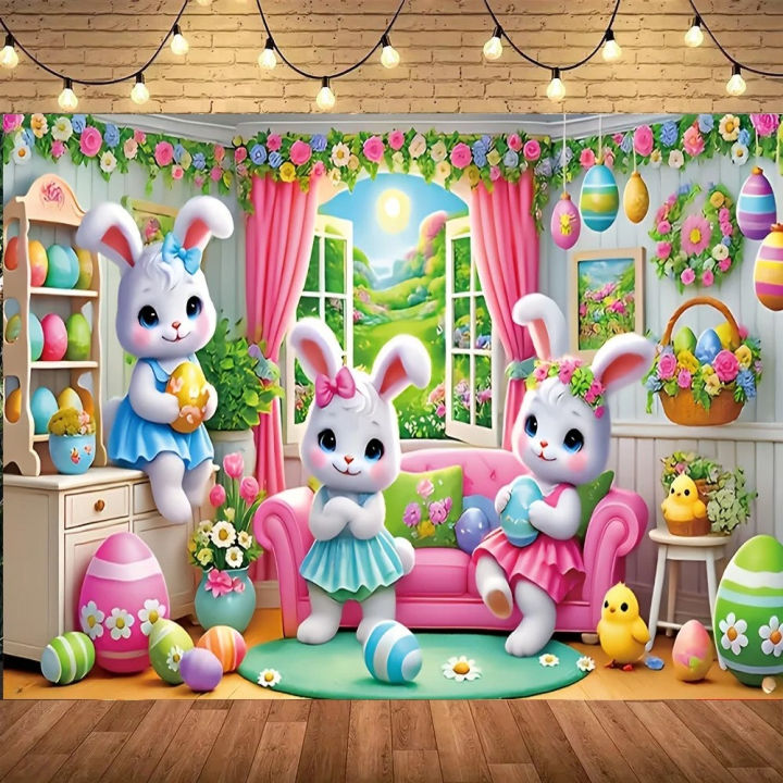Easter Macaron Pink Cartoon Rabbit Themed Banner Backdrop, Children's ...