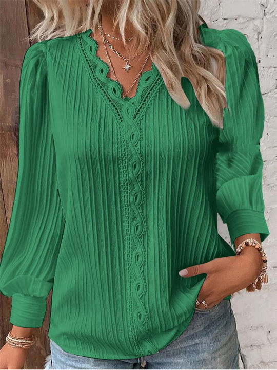 Women%20Lace%20Stitching%20Shirt%20Solid%20V-neck%20Simple%20Black%20Chiffon%20Decoration%20Hollow%20Out%20Design%20Fashion%20Elegant%20Top%20Office%20Lady%20Blouse%20-%20Image%202