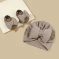 2Pcs Newborn Baby Bow Hat Socks Set Solid Color Cotton Infant Girls Turban Cap Anti-slip Socks. 