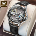 OLEVS 6661 Full Transparant Skelton Flywheel Automatic Mechanical Men's Watch Leather Strap Luxury Brand Original Man Wristwatch. 