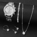 6PCS/Set Women's Watch Fashion Silver Steel Band Analog Quartz Watches Diamond Jewelry Set（Without Box）. 