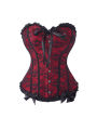 Women Gothic Floral Lace Overbust Corset, Sweetheart Strapless Bustier with Ruffle Trim Front Bow, Busk Closure Lace Up Back.
