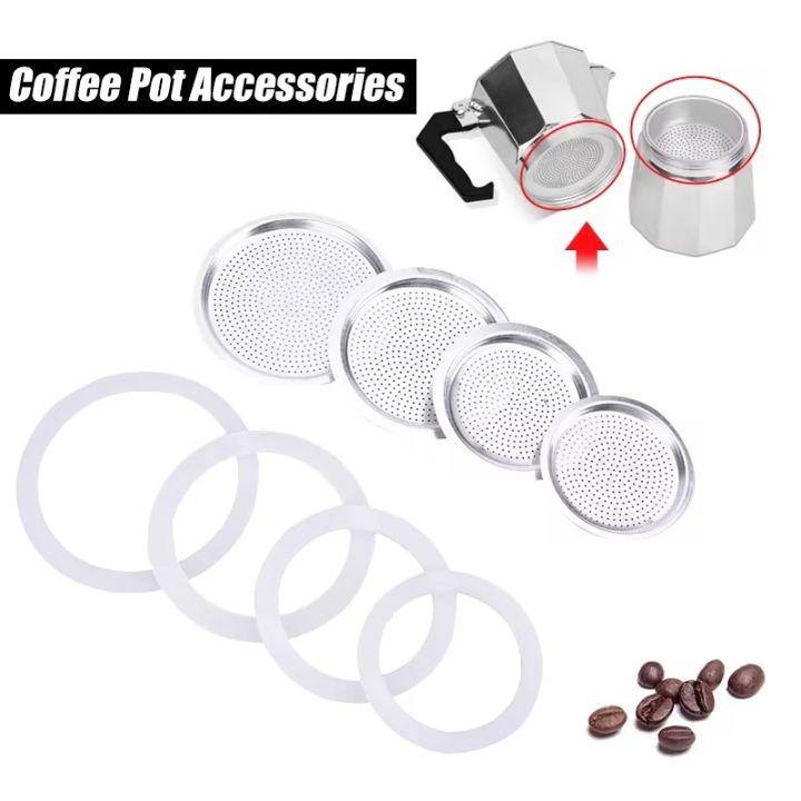 1 Set, 3pcs Silicone Gaskets and 1pc Aluminum Filter Moka Pot Coffee Bottle Replacement Compatible with 3/6/9/12 Cup Moka Expres