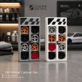 1:64 Scale Wheel Cabinet Set with 8 Random Wheels, Mini Diecast Car Rim Storage Display Rack, Garage Diorama Accessory. 