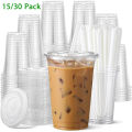 15/30 Pack 16oz/500ml Clear Plastic Cups with Lids and Straws, Disposable Iced Coffee Cups with Lids for To-Go Cold Drinks. 