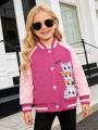 Little girl's cartoon baseball jacket with heart-shaped cat pattern, suitable for children's casual outdoor daily activities.