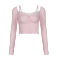 CIBBAR Sweet Off-shoulder Cute Crop Top Lace Patchwork Pink Coquette Aesthetic Slim-fit Long Sleeve Knitted T-shirts Ladies y2k. 