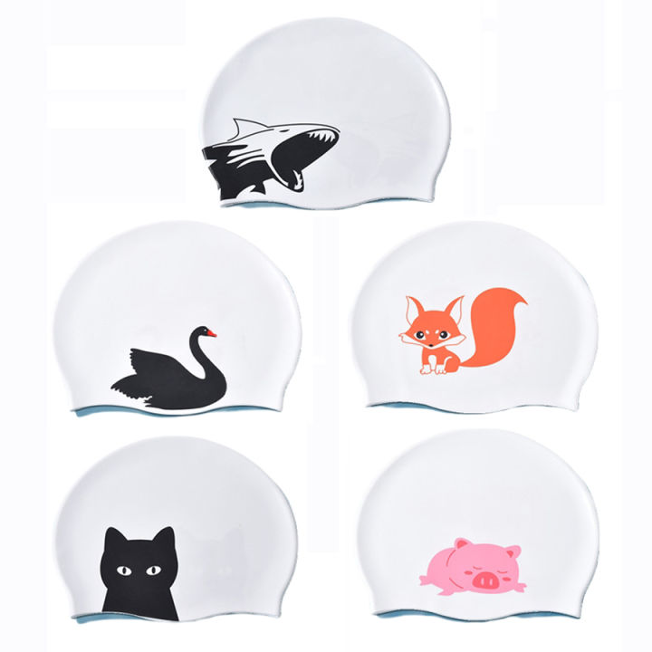 Silicone Swimming Cap Cute Animal Print Cartoon Swim Pool Water Sports Waterproof Caps for Men Women Boys Girls Adults Children