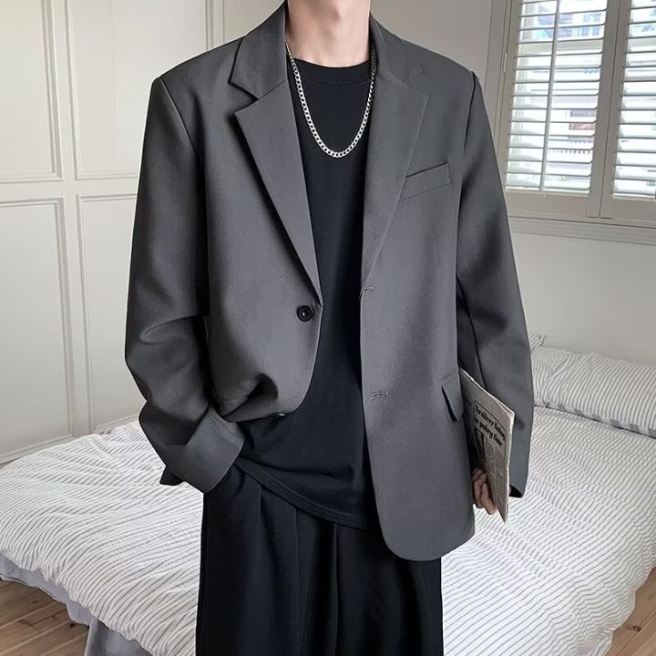 2026 Men Korean Style Casual Blazer Loose Fit Handsome Light Mature Streetwear All Match Black Spring Autumn Suit Jacket Coat
