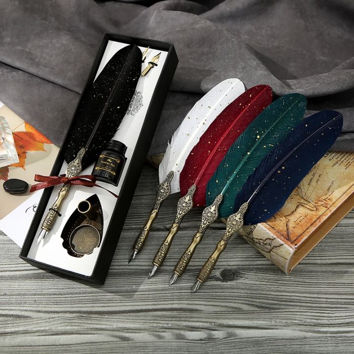 Retro Calligraphy Feather Dip Pen with 2 Nib Set Quill Fountain Writing ...