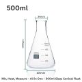 Conical Flask Borosilicate 3.3 Glass 500ml 1 to 6 Pieces Erlenmeyer Narrow neck Flask with Clear Graduated Marking – Durable, Heat & Chemical-Resistant Low Form Flask for Mixing, Heating, Storage & Experiments in School, College, Professional Laboratory. 