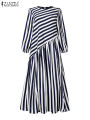 ZANZEA 2025 Fashion Autumn Stripe Dresses Women Elegant Stylish Long Sleeve Party Dress Work Vestidos Muslim Abaya Robe Femme.