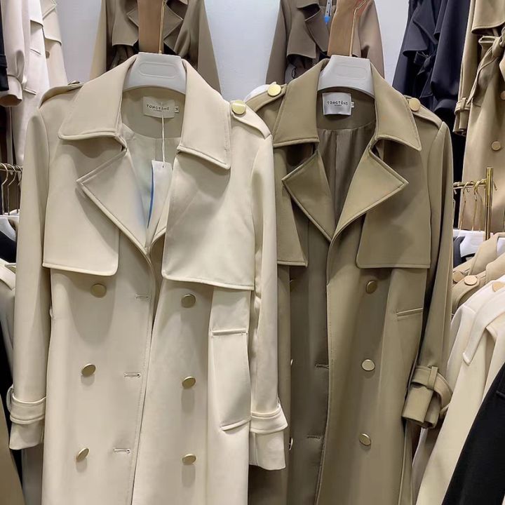 Loose Khaki Style Medium Long Thin Women's Trench Coat Free Size Casual Outerwear for Spring and Fall