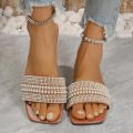 Women's Flat Bottom Sandals 2025 Summer New Style Beaded Rhinestone Shoes Womens Outdoor Fashion Slippers. 