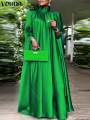 Plus Size 5XL VONDA Women Stand Collar Elegant Satin Dress Long Bat Sleeve Evening Pleated Maxi Sundress Casual Solid Party Robe. 