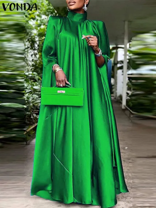 Plus%20Size%205XL%20VONDA%20Women%20Stand%20Collar%20Elegant%20Satin%20Dress%20Long%20Bat%20Sleeve%20Evening%20Pleated%20Maxi%20Sundress%20Casual%20Solid%20Party%20Robe%20-%20Image%204