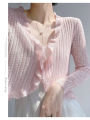 Ruffled Trim Tie Front Long Sleeve Crop Top Women Ribbed Knit Cardigan Sweater Shrug Top Summer Teen-girl Fairycore Outfit.