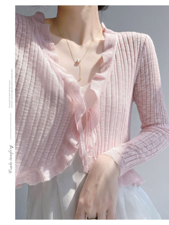Ruffled%20Trim%20Tie%20Front%20Long%20Sleeve%20Crop%20Top%20Women%20Ribbed%20Knit%20Cardigan%20Sweater%20Shrug%20Top%20Summer%20Teen-girl%20Fairycore%20Outfit%20-%20Image%206