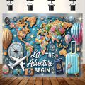 1 adventure-themed large background banner with a shiny world map, hot air balloons and travel signs - perfect for parties. 