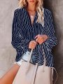 Plus Size 1XL-5XL Women's Button Long Sleeved Shirt V-neck Striped Top Casual Fashion Breathable Shirt.