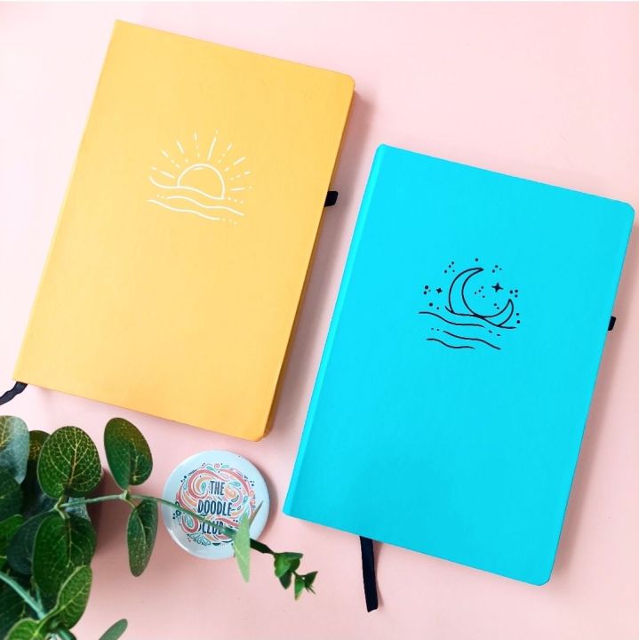 Moon or Sun Dotted Journal Notebook Diary - Turquoise and Yellow A5 Hardcover Notebooks