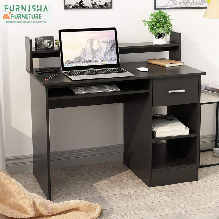 Home Office Computer Desk keyboard tray with Drawer and Shelves Woark Station Table, Black Desk Perfect for your Office Space & Personal Work Table, Computer Desk with Keyboard Tray, Black 36/36''