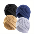4pcs/set Solid Color Turban Cap Elastic Bonnet Head Scarf Women Chemo Hats Casual Pleated Head Wrap. 