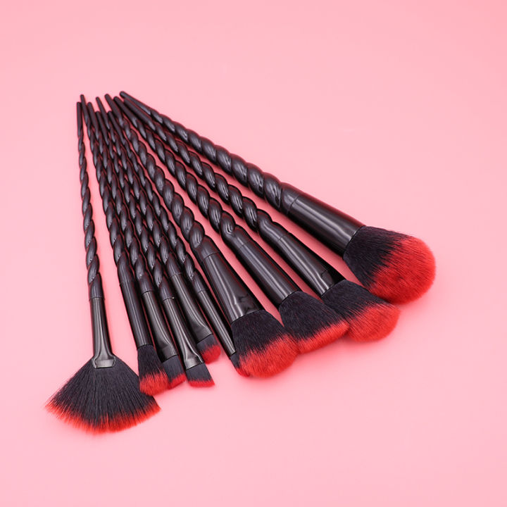 10pcs Black Unicorn Makeup Brushes Kit With Red Bristles Handles Sprial Makeup Brush Set Foundation Eyeshadow Unicorn Brush Kit